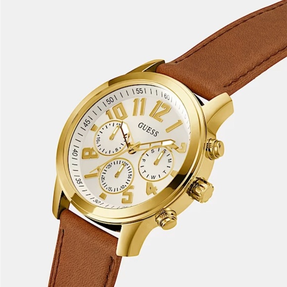 GUESS Gold Chronograph Watch with Brown Leather Strap - Picture 2 of 8